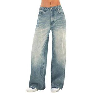 Women's Wide Leg Distressed Denim Jeans Mid Rise Casual Y2K Vintage